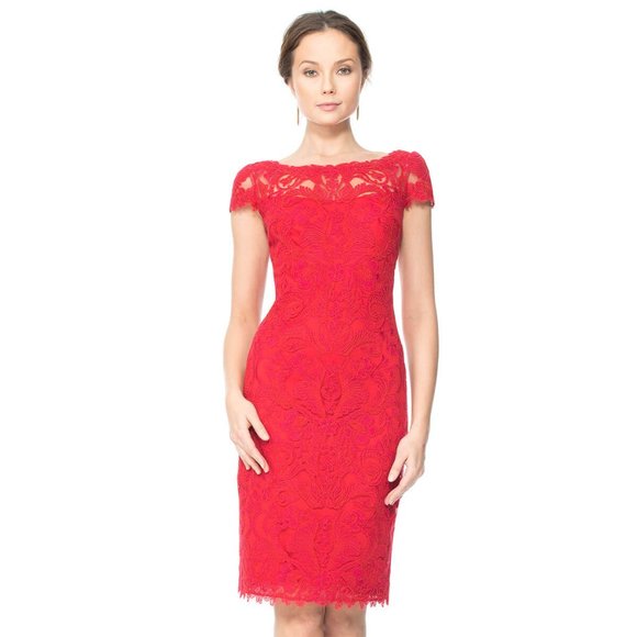 Tadashi Shoji Dresses & Skirts - CORDED EMBROIDERY ON TULLE DRESS WITH SHEER ILLUSION NECKLINE